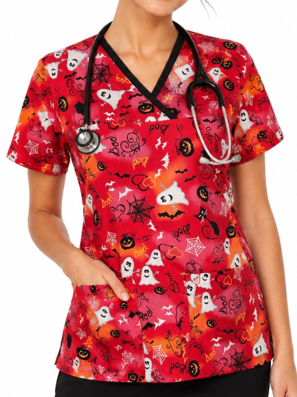 💥SALE💥Peaches Uniforms Halloween Print Short Sleeve Top - Red and Orange Sz M